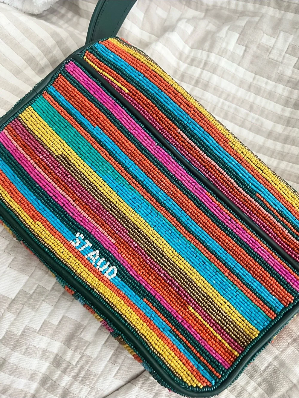 STAUD Multicolor Beaded Shoulder Bag with Dark Teal Strap